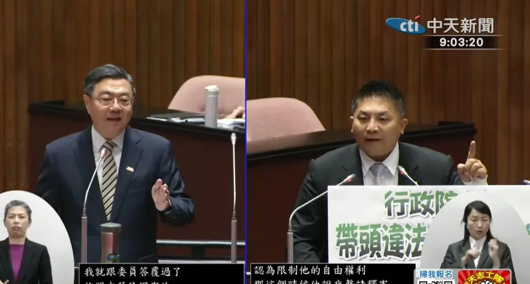 國民黨立委吳宗憲(右)、行政院長卓榮泰(左)激辯。(中天新聞)