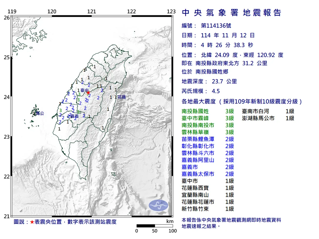 南投縣金清晨發生地震。（圖／中央氣象署）