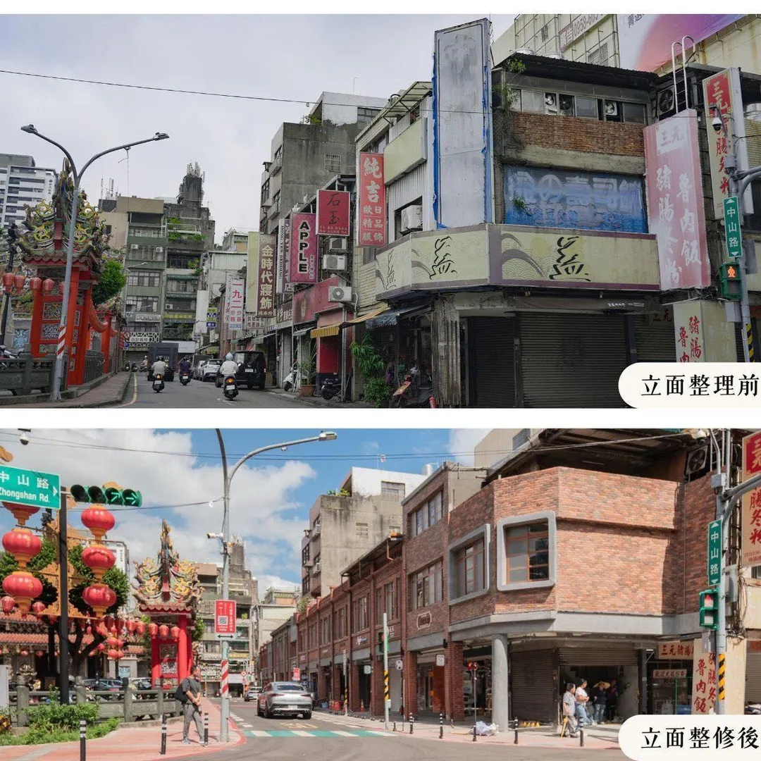 桃園市區重要地標之一、地方信仰中心的景福宮東、西兩側店家立面今昔對照圖。（取自張善政臉書）