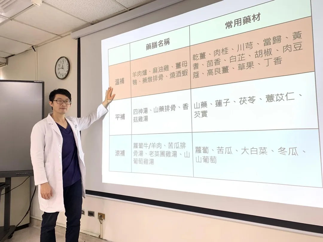 臺中醫院中醫科鄭惟仁醫師說明藥膳主要分為涼補、平補與溫補。（圖／臺中醫院）