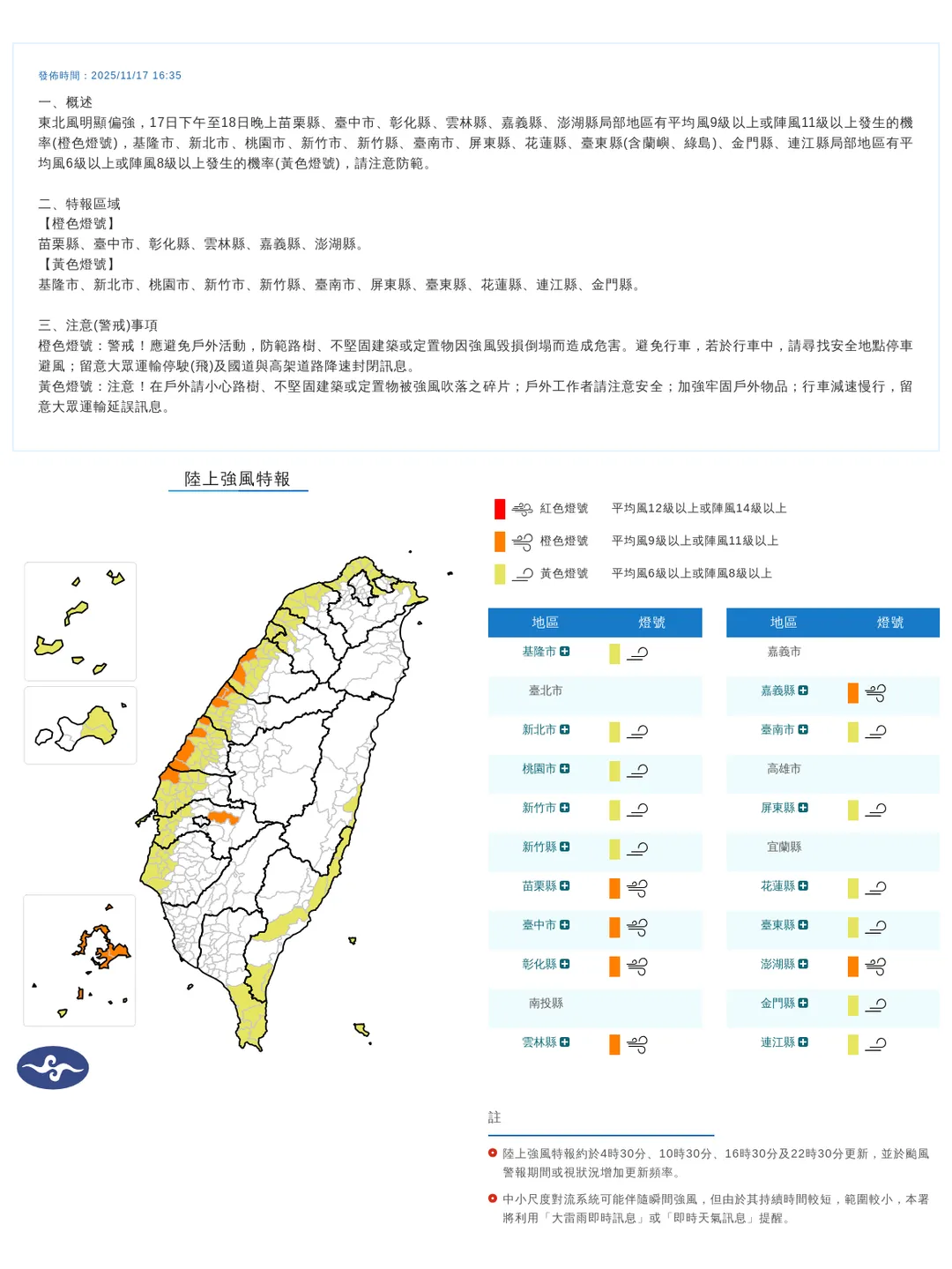 中央氣象署今(17)日下午4點35分發布17縣市陸上強風特報。(圖/氣象署提供)