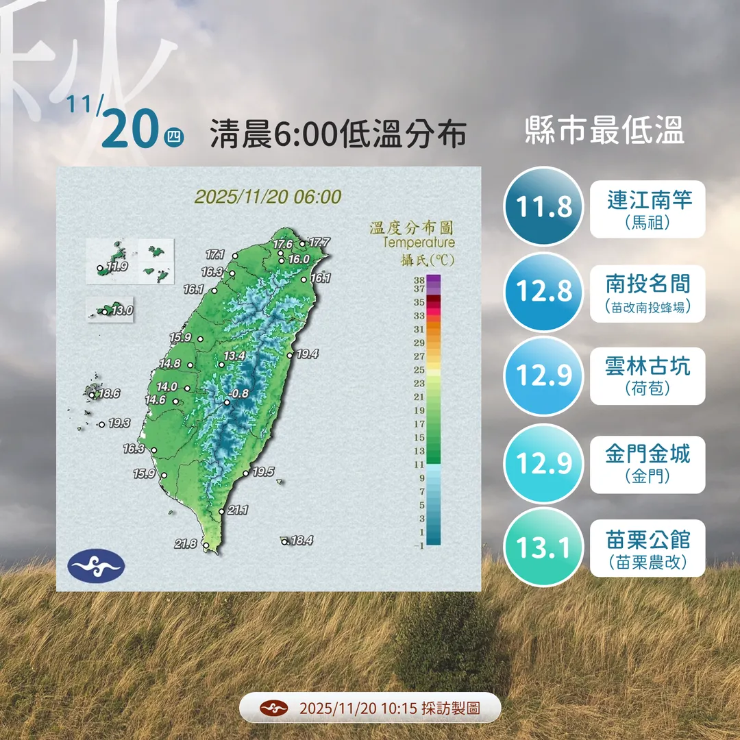 今日清晨低溫分布。（圖／中央氣象署）