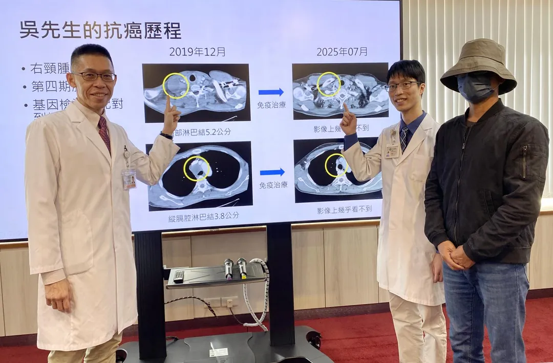 吳先生（右一）6年前診斷出第四期肺腺癌，採免疫療法合併化學治療後穩定控制腫瘤，日前重返職場。（圖／臺中榮總）
