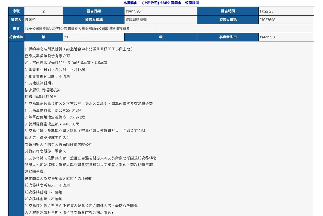 辦公室租期為兩年，租金將每月支付，總金額預計為1,259,370元。（圖／翻攝自公開資訊觀測網站）