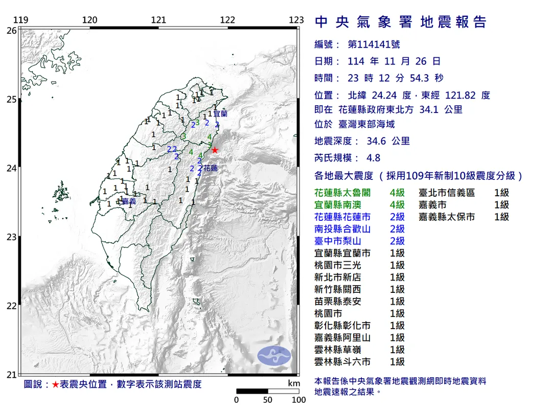 晚間23點12分花蓮地區發生芮氏規模4.8地震。（圖／中央氣象署）