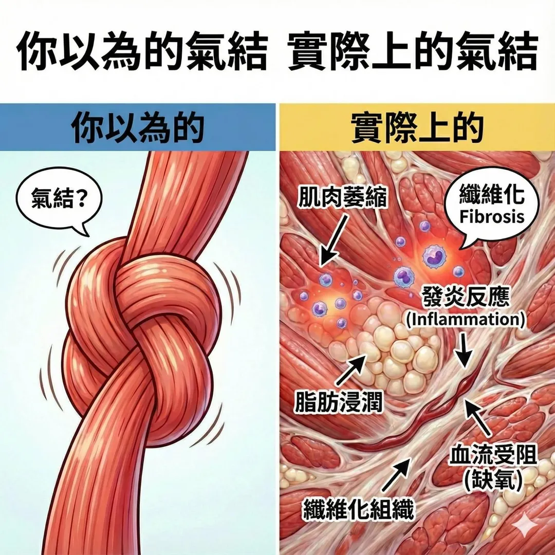 研究顯示,你摸到的硬塊,其實不是緊繃,而是局部缺氧、代謝衰竭、充滿疤痕的生病組織。(圖/翻攝侯鐘堡醫師臉書)