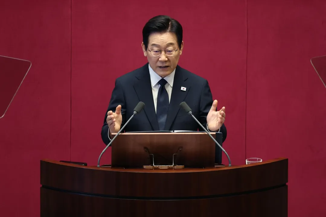 圖為11月4日李在明在國會發表演說。（資料照／美聯社）