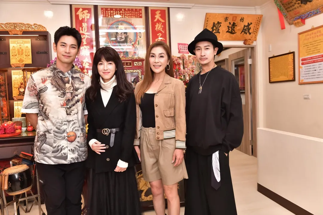 電影《農曆三月二十三》以媽祖為核心，深入闡述了道教中關於因果輪迴與善惡有報的教義。左起楊子儀、陳明真、梁佑南、邱凱偉。（圖／北投映像電影 提供）