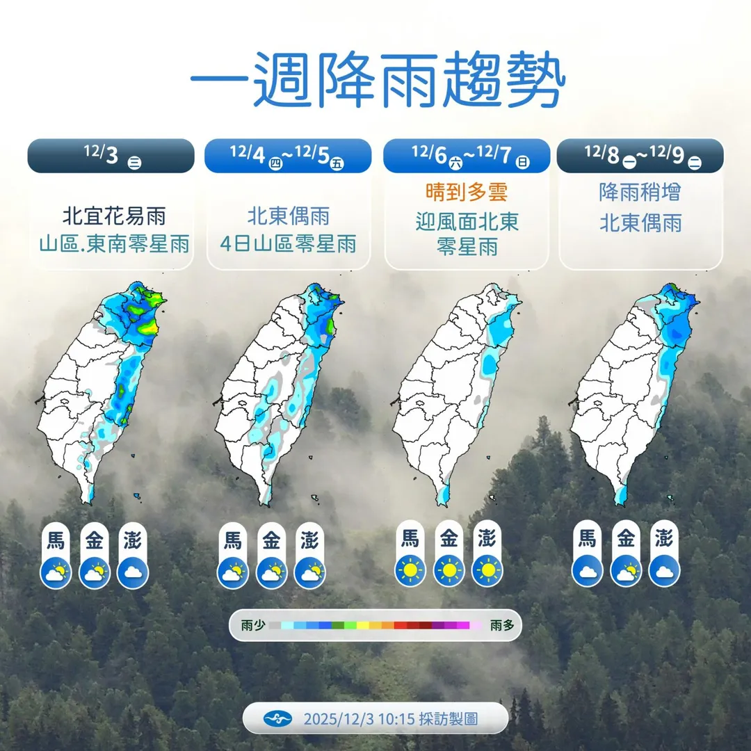 今天伴隨華南中層水氣通過，基隆北海岸、大台北及宜蘭地區為有雨的天氣。（圖／中央氣象署）