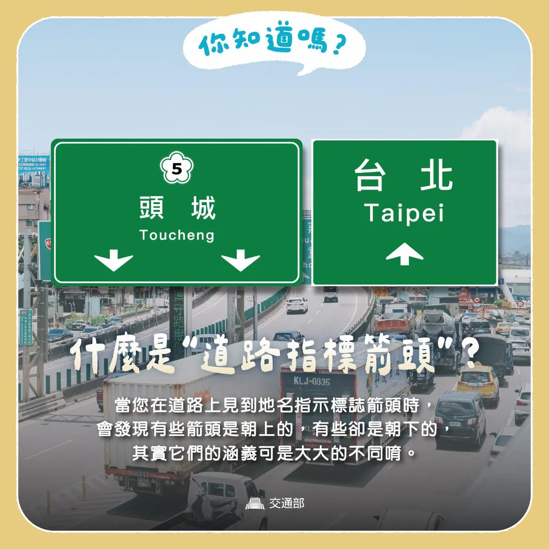 交通部日前在臉書粉專發文解釋，箭頭朝上是「地名方向指示標誌」，朝下則是「車道指示標誌」，兩者功能截然不同。（圖/翻攝自交通部臉書）