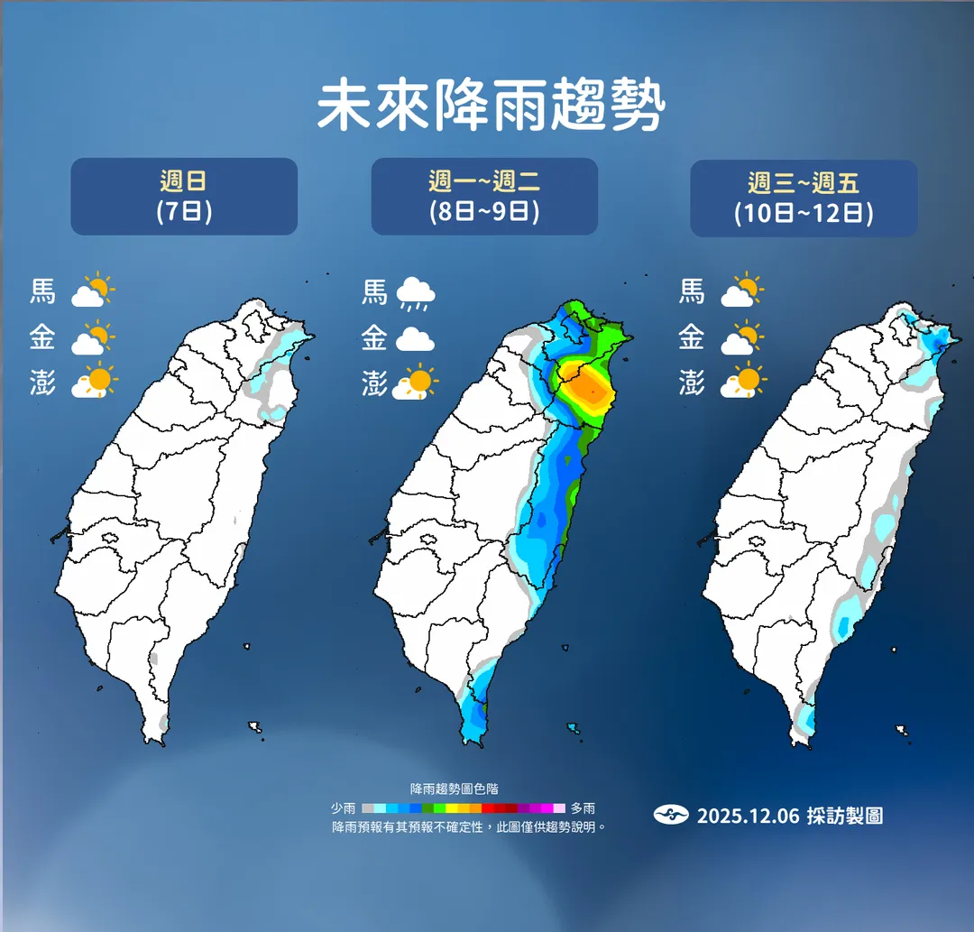 未來1週有2波東北季風接力，第1撥會在8日到來，北部、東部雨勢明顯。（圖／中央氣象署提供）