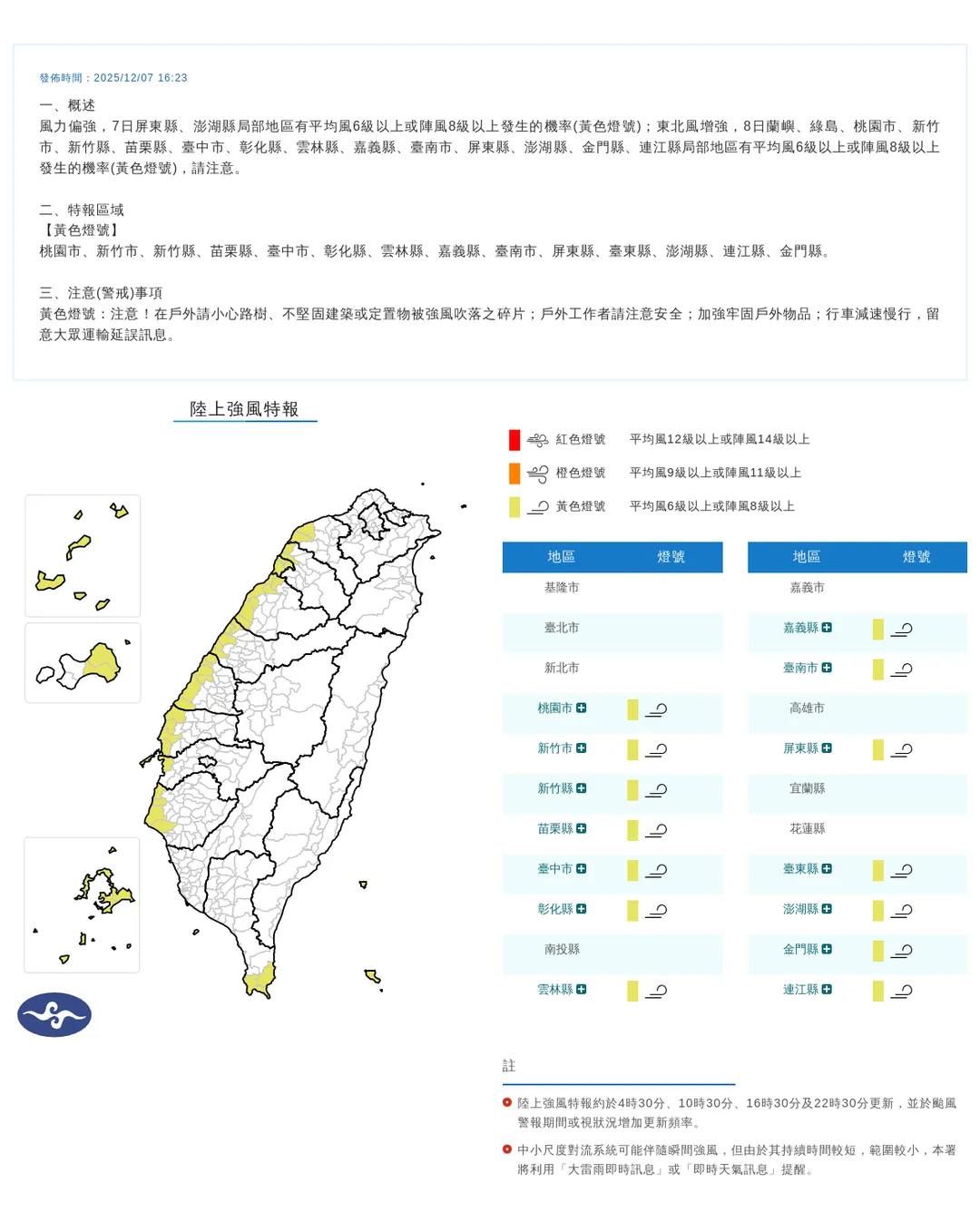 受東北風和較強風力影響,14縣市7日晚間仍需留意8級以上強陣風發生。(圖/翻攝自中央氣象署官網)