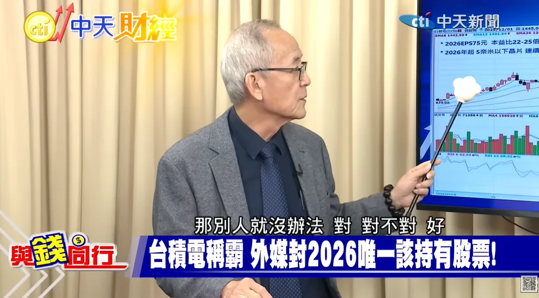 永年老師強調台積電於先進製程市占率高達 95%,獨一無二的地位使其成為投資人最穩健的選擇。(圖/中天新聞)