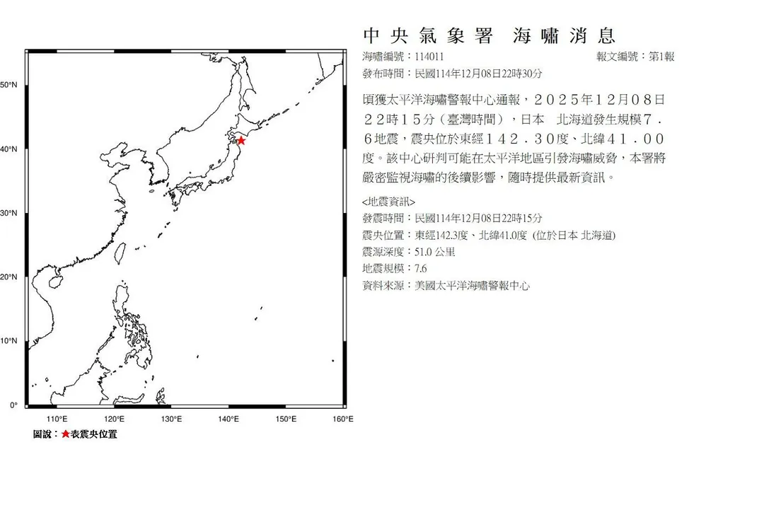 氣象署發布海嘯警報。（圖／氣象署）