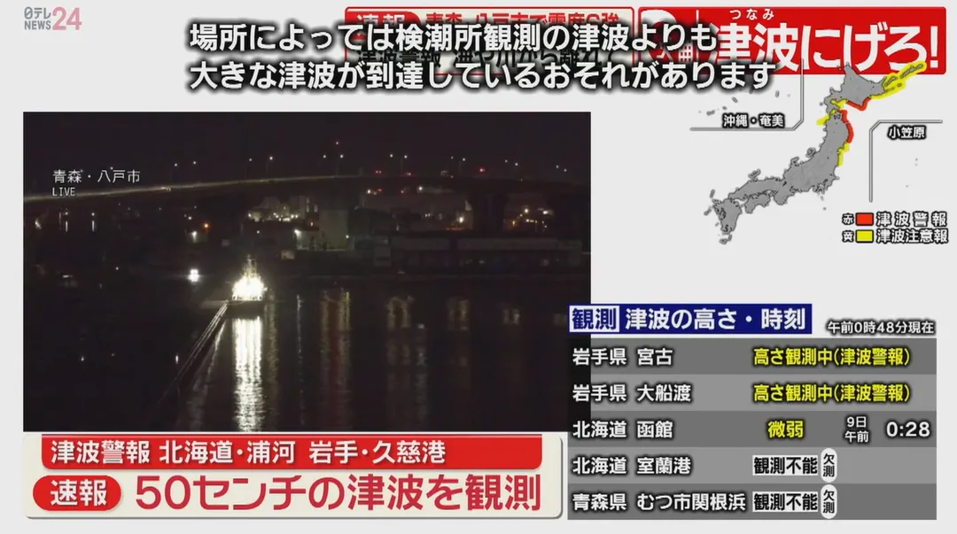 日本東北地區的青森縣8日深夜發生規模7.6強震，附近的核電廠已確認無異狀。（圖／NTV）