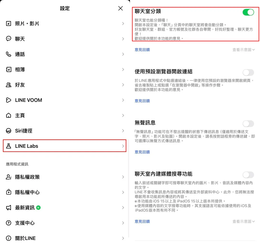 該功能可以將聊天室依照「好友」、「群組」、「官方帳號」和「社群」進行分類，使用戶能夠快速找到想要聊天的對象。（圖／翻攝畫面）
