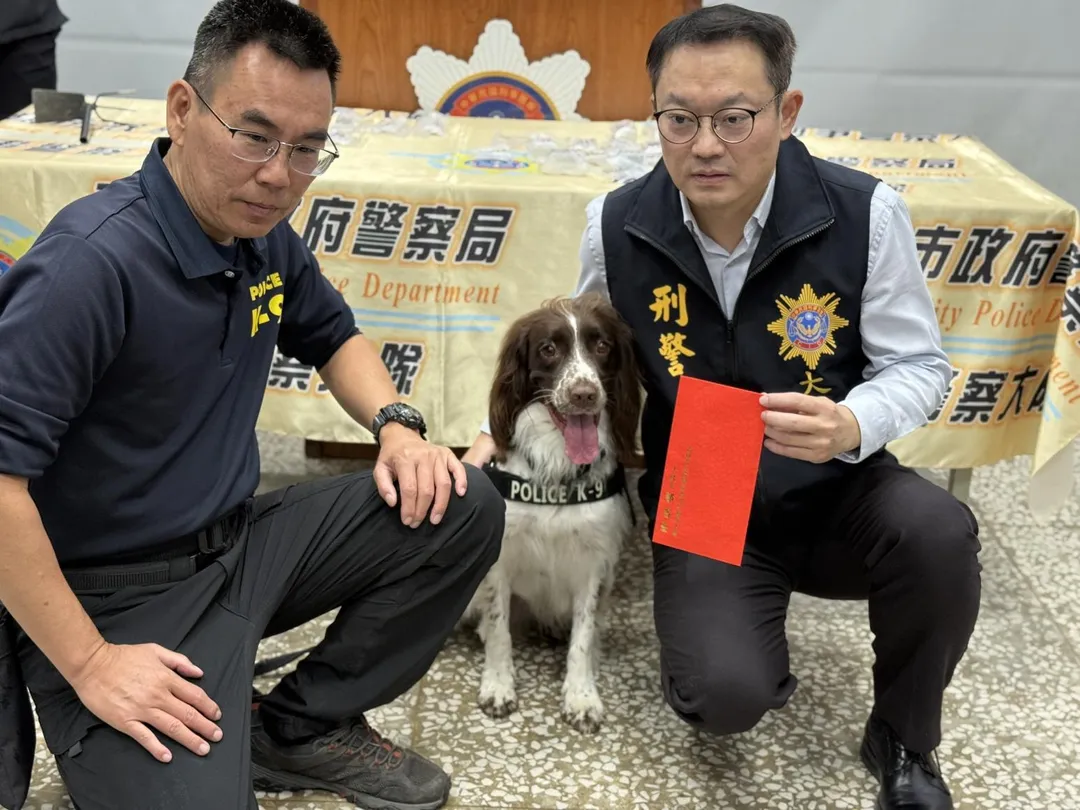 緝毒犬「可樂」協助高雄市刑大警方找出市值36萬毒品，高市刑大隊長頒發紅包加菜金給可樂。（圖／警方提供）