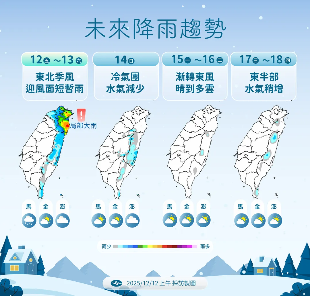 受東北季風影響，北部、東部等迎風面地區本週末雨勢較明顯，下週減少。（圖／中央氣象署提供）