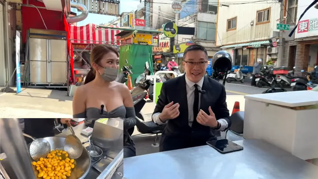 朱學恒直播探店網紅地瓜球。（圖／擷取自朱學恒YT頻道）
