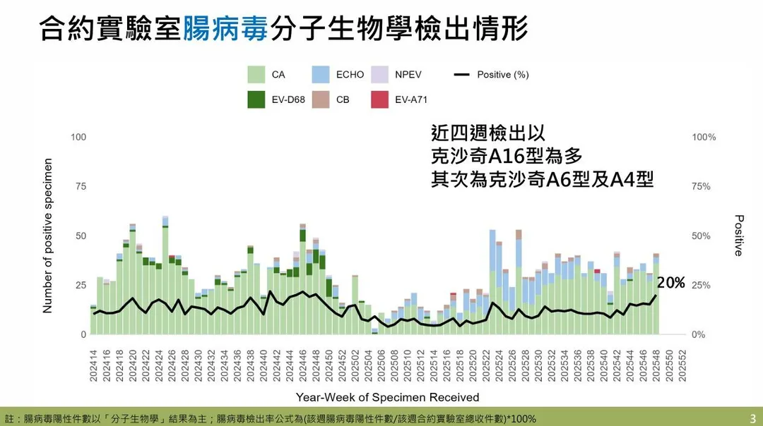 近四週實驗室監測顯示社區腸病毒以克沙奇A16型為多，其次為克沙奇A6型及克沙奇A4型。（圖／疾管署）