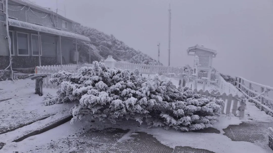 玉山今晨再度降雪。（圖／氣象署提供）