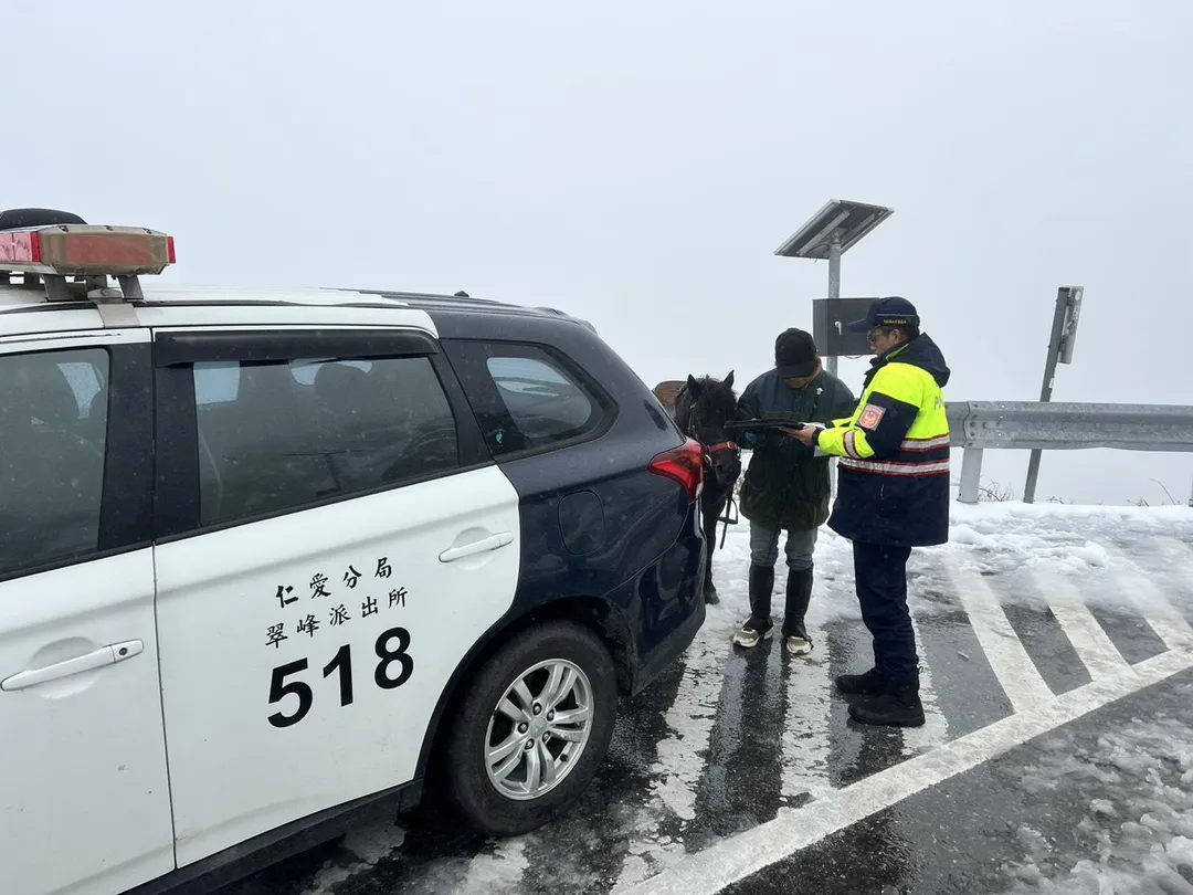 許多民眾到合歡山追雪，竟然有人帶著一匹馬到武嶺。（圖／太魯閣國家公園管理處提供）