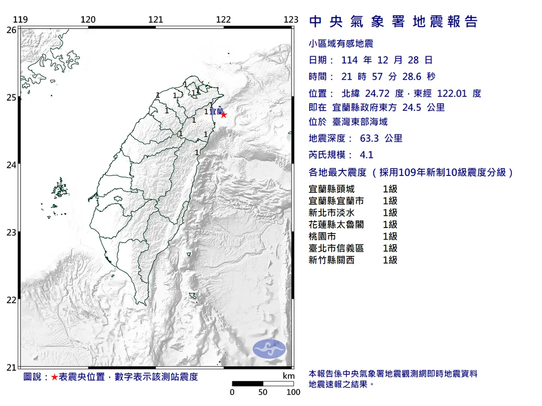 宜蘭東部外海發生淺層地震。(圖/氣象署)