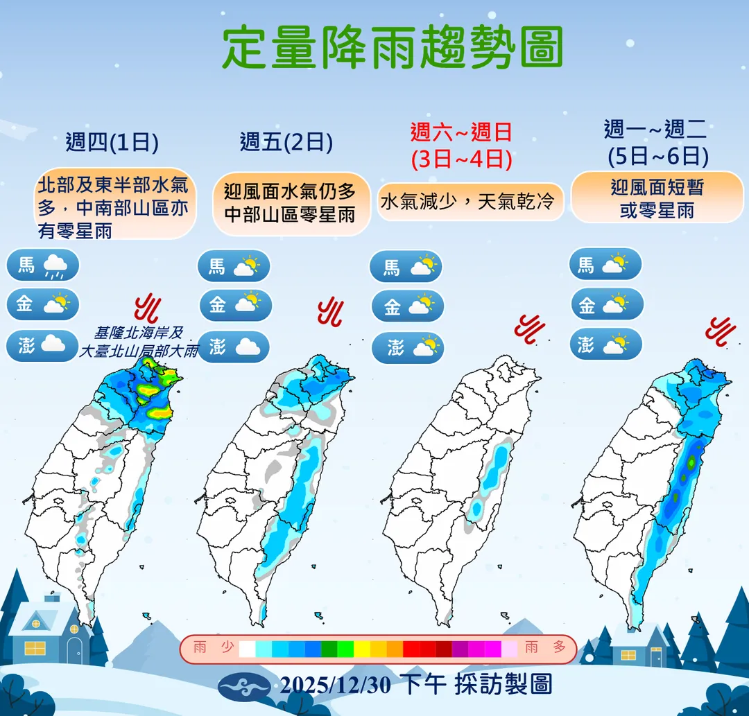 2026元旦起迎風面地區仍持續降雨，本週末有望轉乾。（圖／中央氣象署提供）