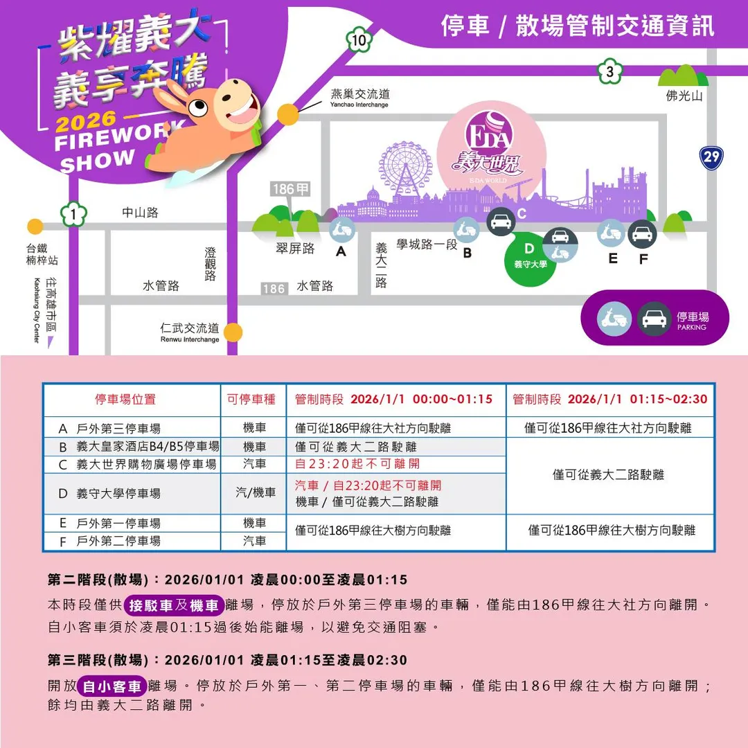 停車和散場管制交通資訊。(圖/義大世界提供)