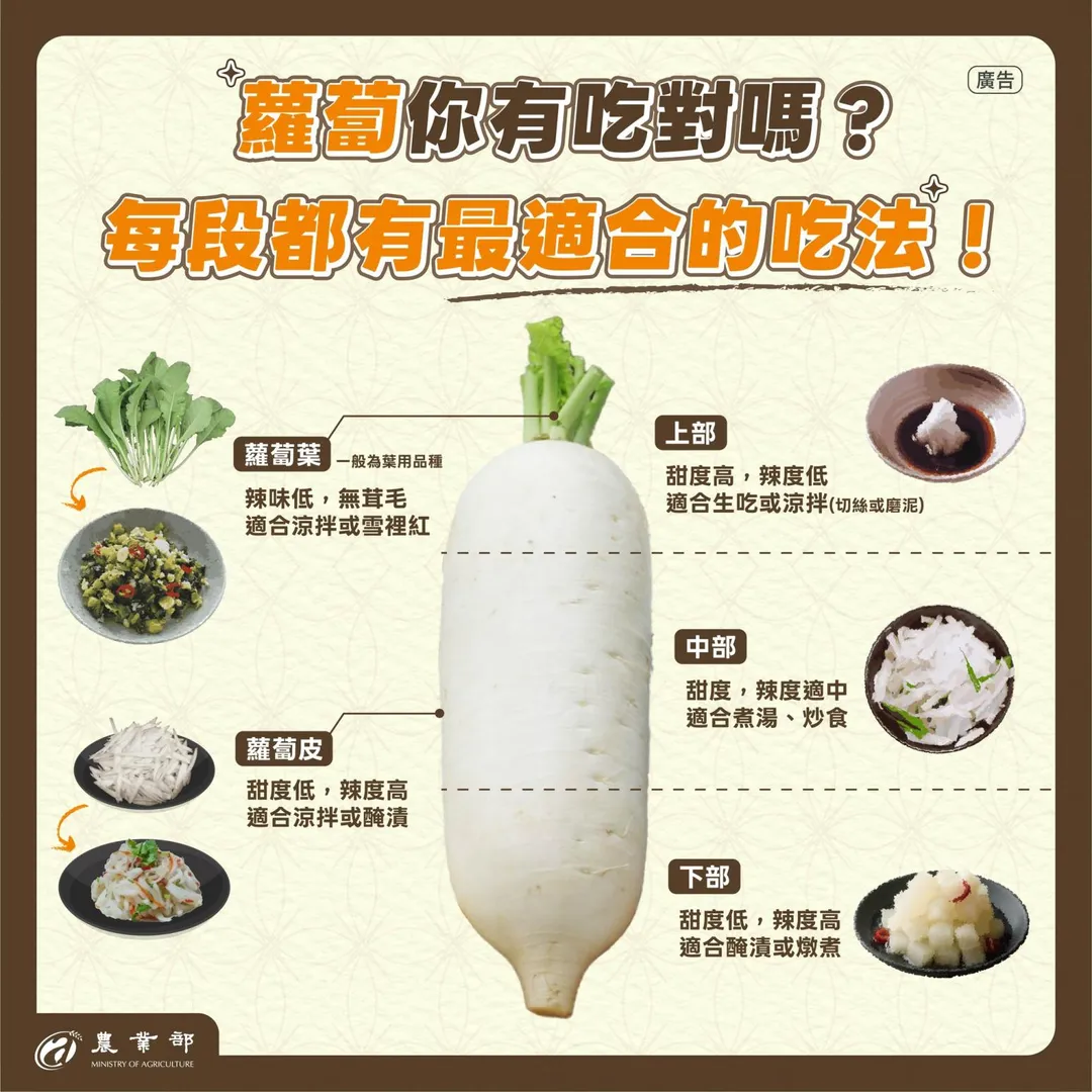 農業部介紹蘿蔔不同部位的吃法。（圖／翻攝自Facebook@農業部）