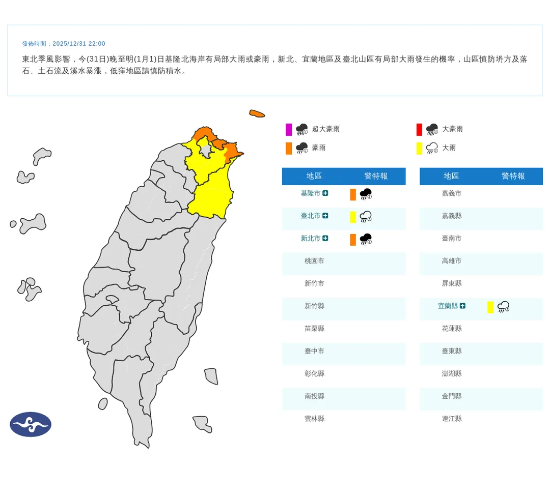 4縣市豪大雨特報。(圖/中央氣象署)