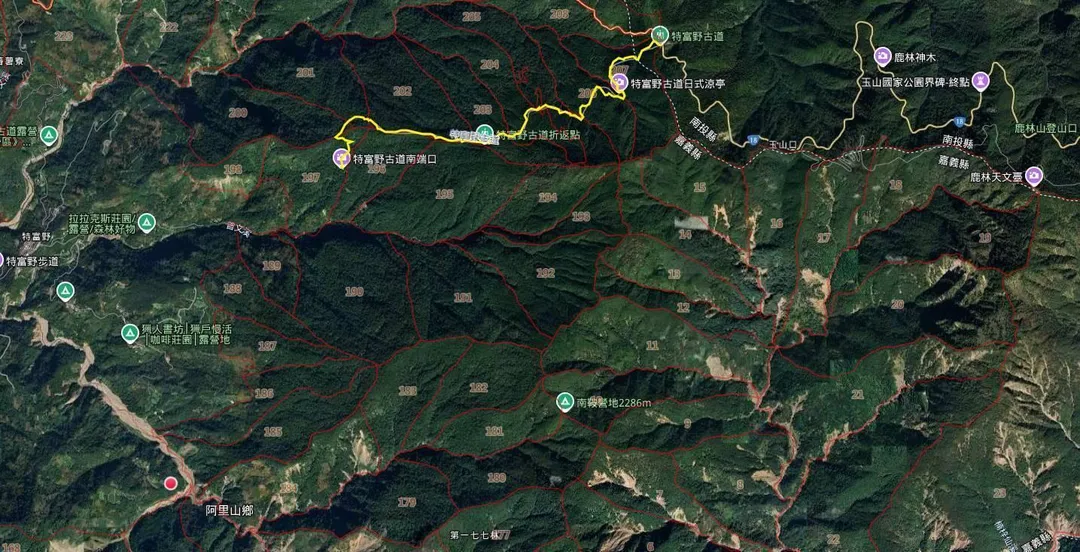 左下角紅點為本次發現黑熊入侵工寮地點。（圖／林業署提供，下同）