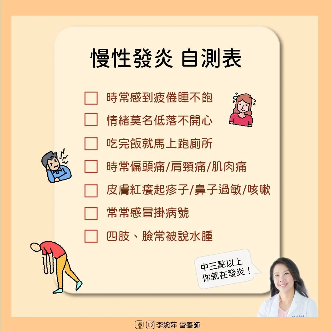 李婉萍在社群平台列出7項慢性發炎的常見症狀。(圖/李婉萍臉書「李婉萍營養師」)