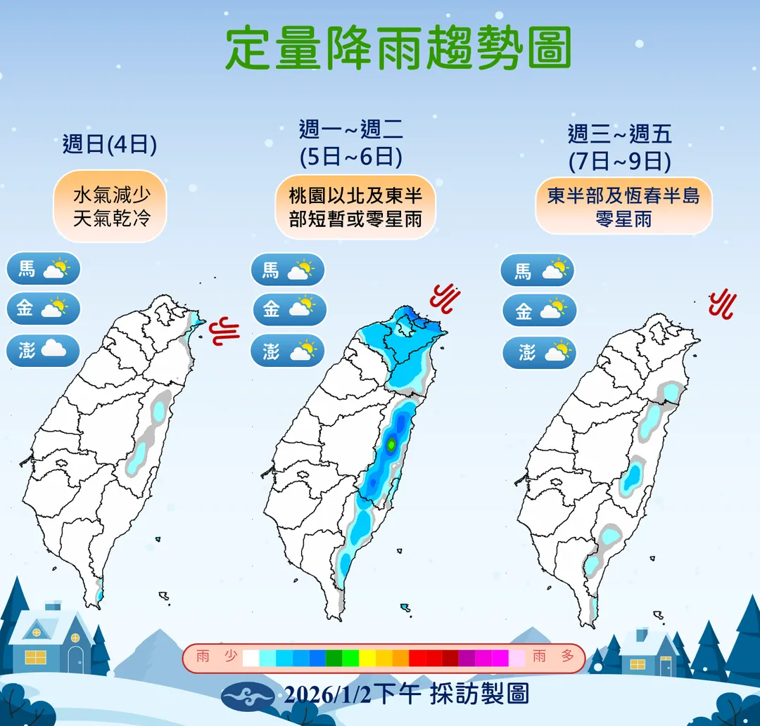 新1波強烈大陸冷氣團5日至6日南下,迎風面地區降雨機會高。(圖/中央氣象署提供)