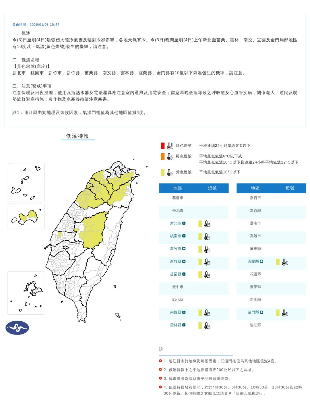 9縣市低溫特報。（圖／中央氣象署）