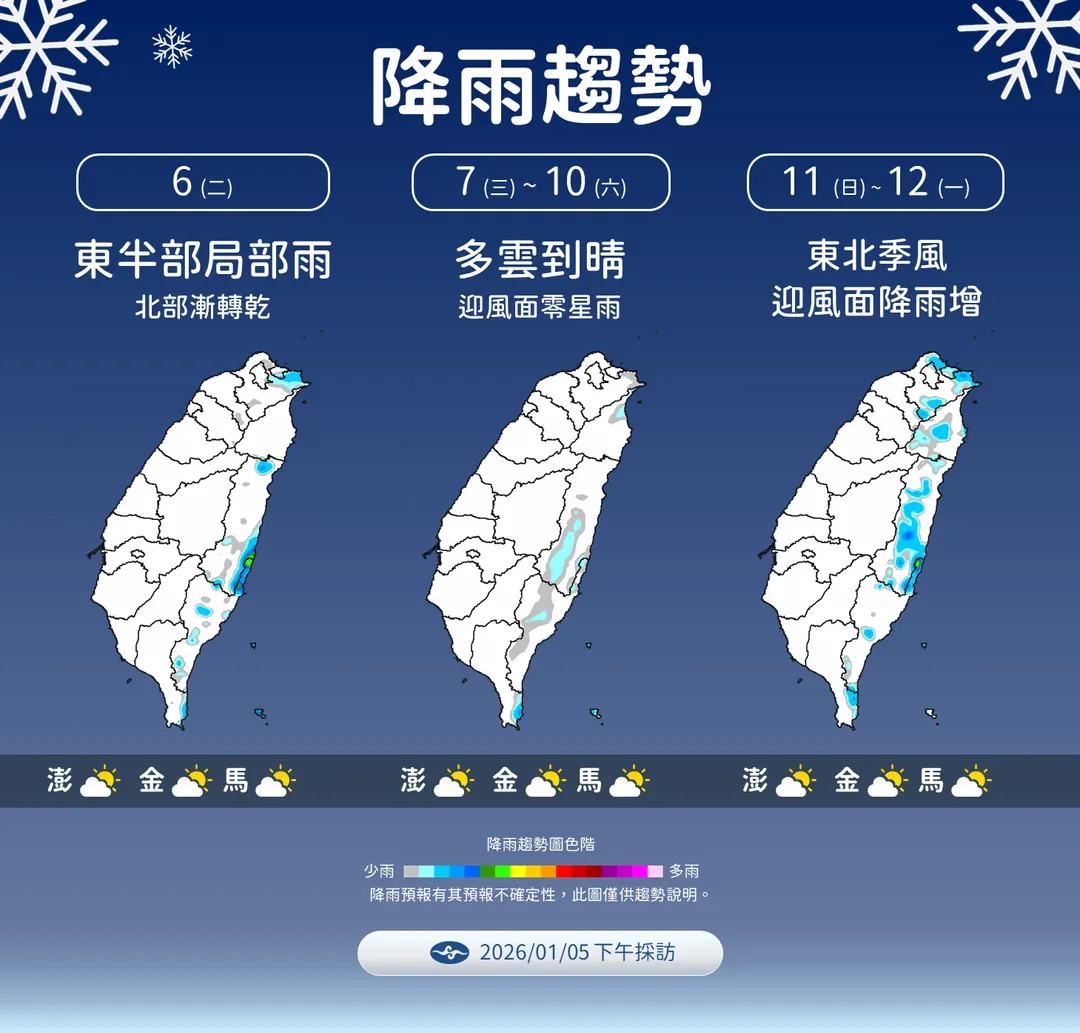 這波強冷氣團水氣偏少，僅東部降雨較多，下週末東北季風迎風面再迎雨天。（圖／中央氣象署提供）