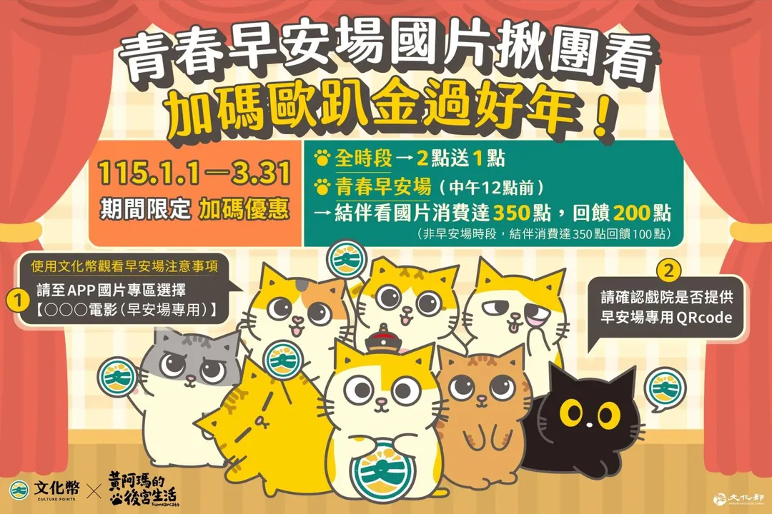 文化幣推結伴看早安場國片,加碼歐趴金100點過好年。(圖/文化部提供,下同)