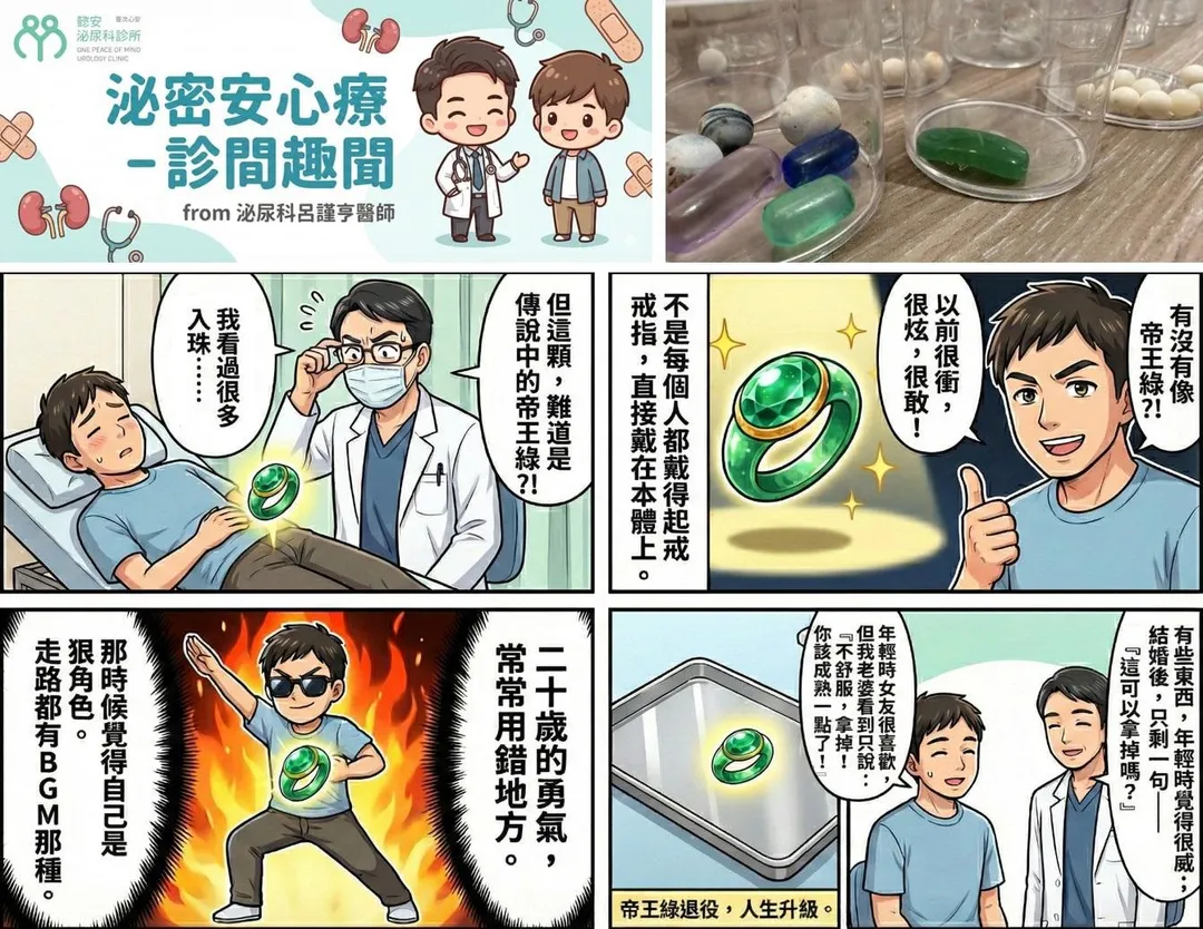 泌尿科醫師呂謹亨在診間遇見一名特殊患者，男子躺在手術台上準備取出一顆罕見的帝王綠色入珠。（圖／呂謹亨臉書「泌尿科呂謹亨醫師 - 大亨醫師」）
