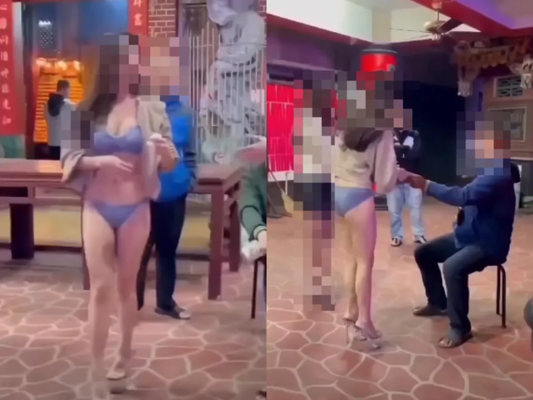 一名長髮女子身穿性感內衣在廟前擺放的圓椅間穿梭。（圖／記者爆料網）