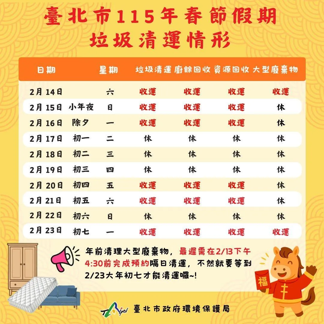 15年小年夜、除夕,台北市加收垃圾。(圖/台北市政府環境保護局)