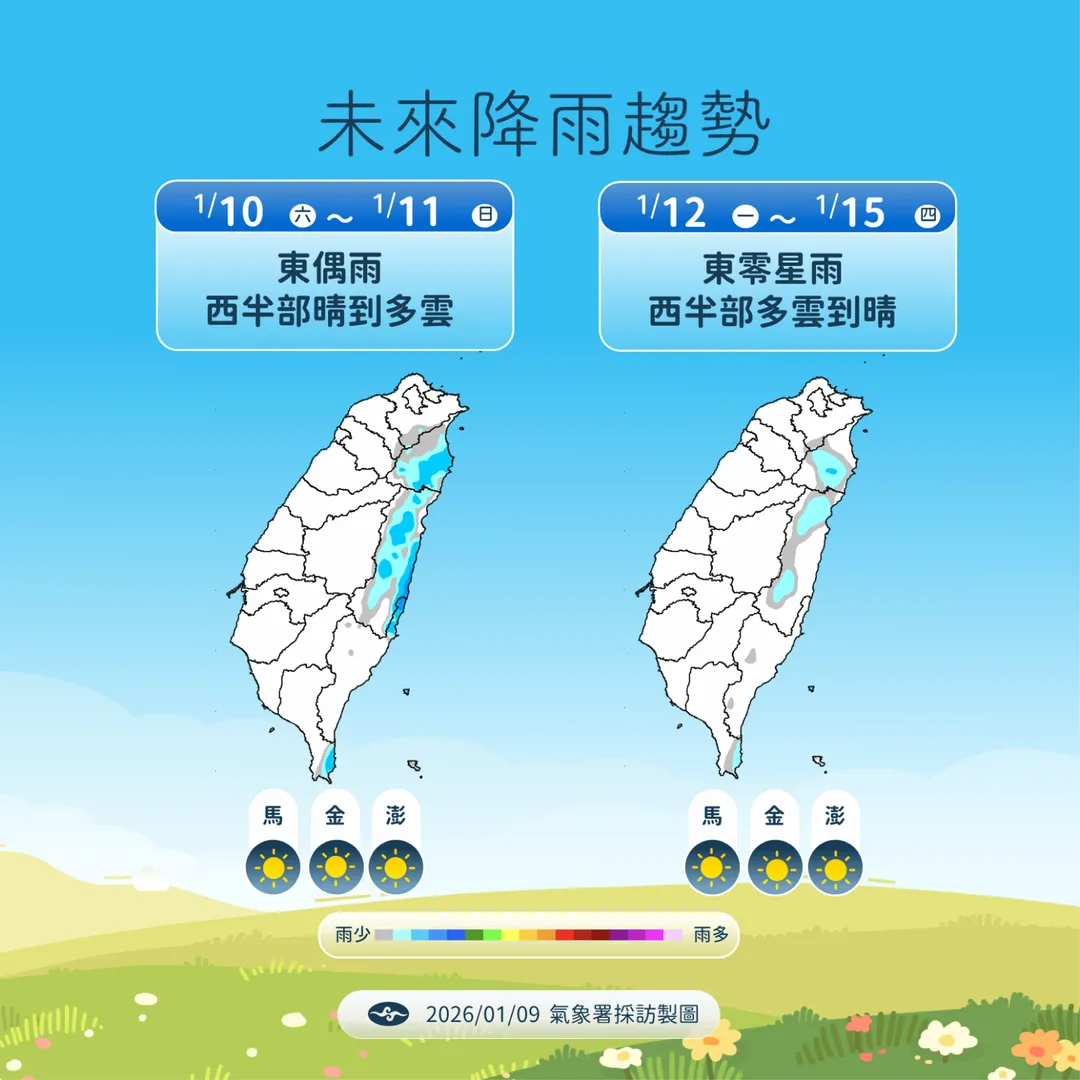 未來1週水氣較少，整體偏乾，僅東半部有零星雨勢。（圖／中央氣象署提供）