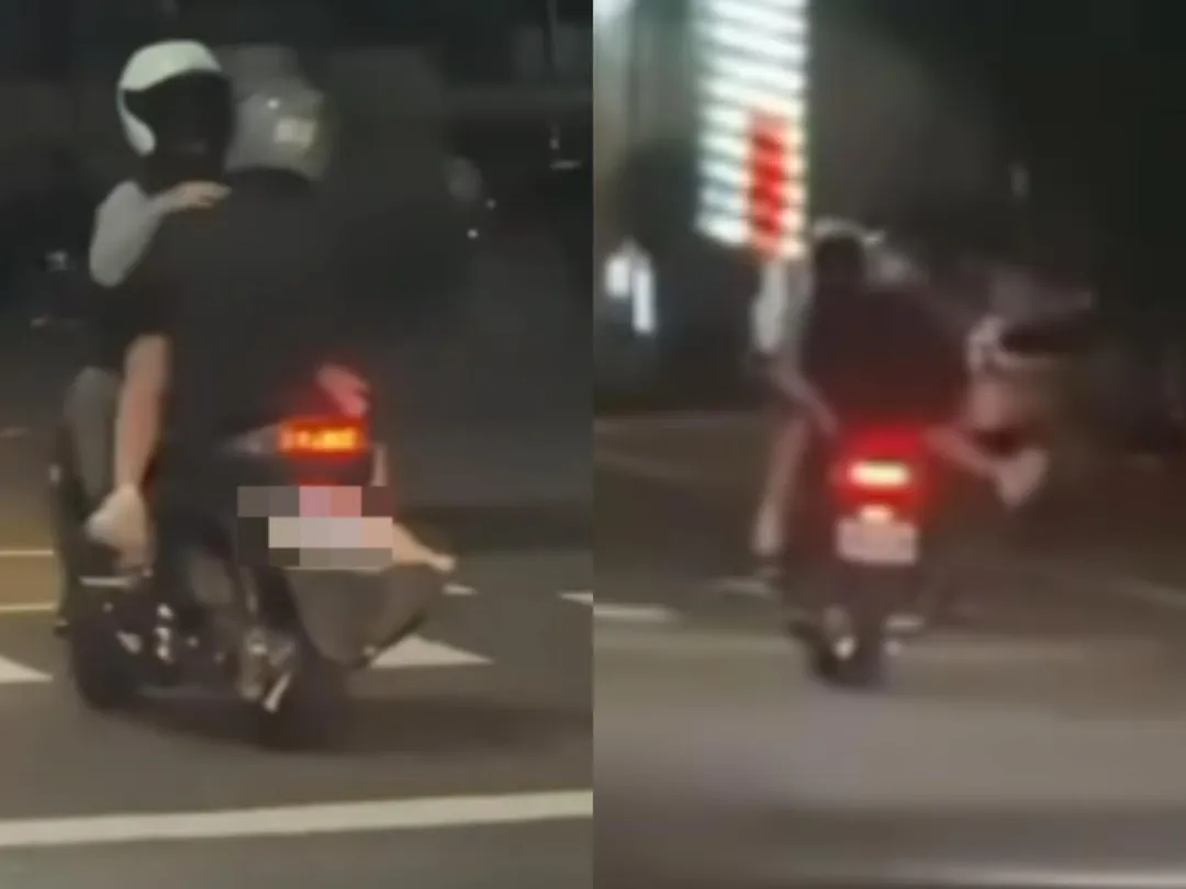 女子反向跨坐在騎士腿上。(圖/翻攝自臉書/爆料公社)