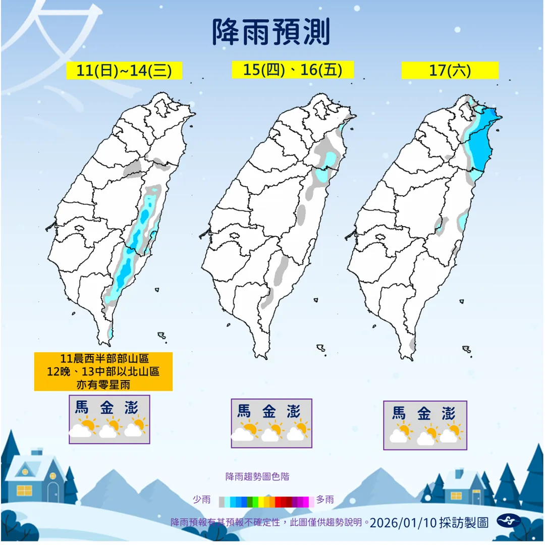 未來1週水氣少，但下週末起北東就回歸小幅降雨天氣。（圖／中央氣象署提供）