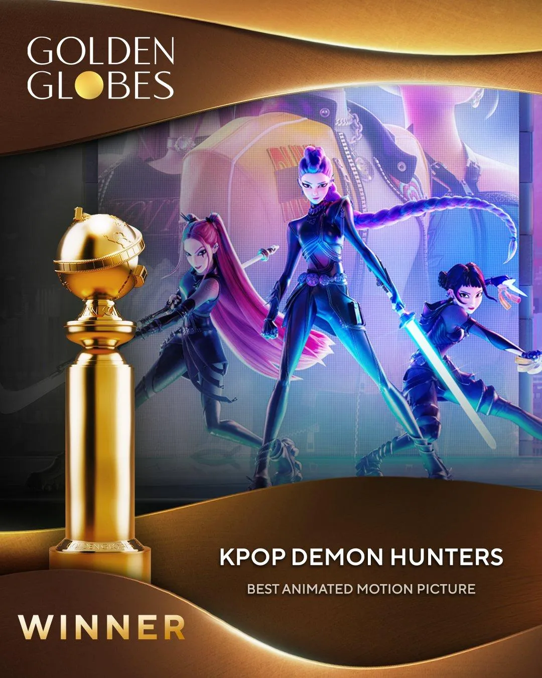 Golden《Kpop 獵魔女團》獲最佳原創歌曲、最佳動畫片。(圖/翻攝Golden Globes X)