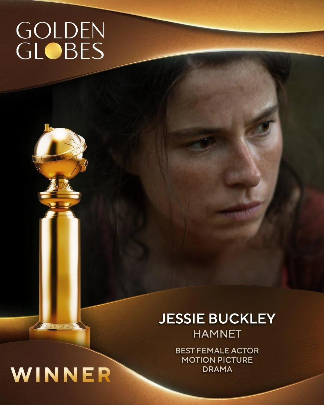 《哈姆雷特》潔西伯克利獲戲劇類最佳女主角。(圖/翻攝Golden Globes X)