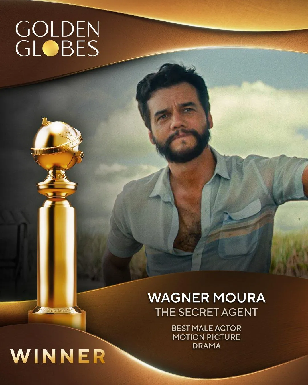 《這不只是個間諜故事》華格納莫拉獲戲劇類最男主角。(圖/翻攝Golden Globes X)