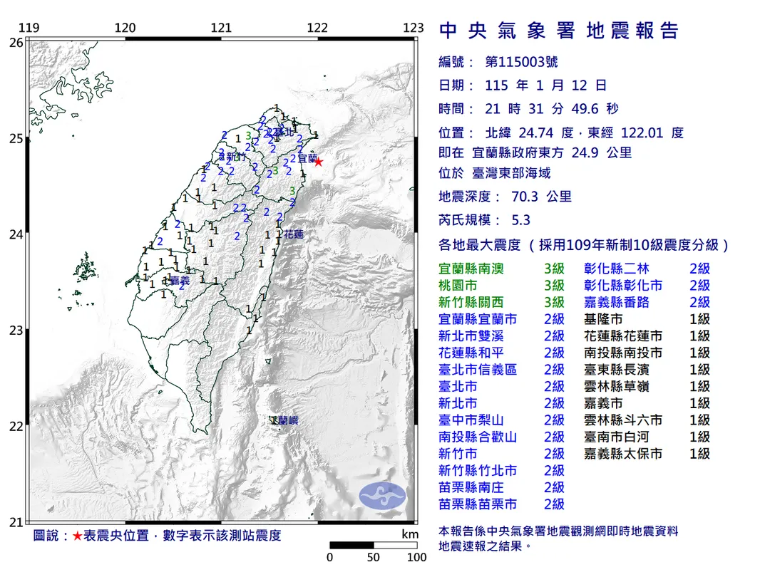 今(12)日晚間9點31分,台灣東部海域發生芮氏規模5.3地震。(圖/氣象署提供)
