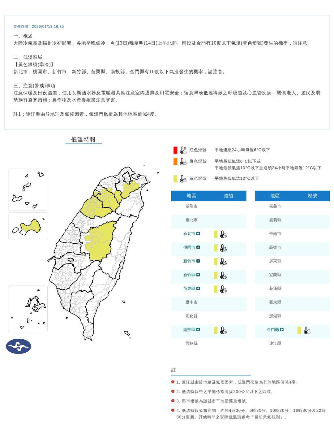 大陸冷氣團與輻射冷卻作用持續影響，西半部7縣市13日晚間起仍需留意10度以下低溫發生。（圖／翻攝自中央氣象署官網）