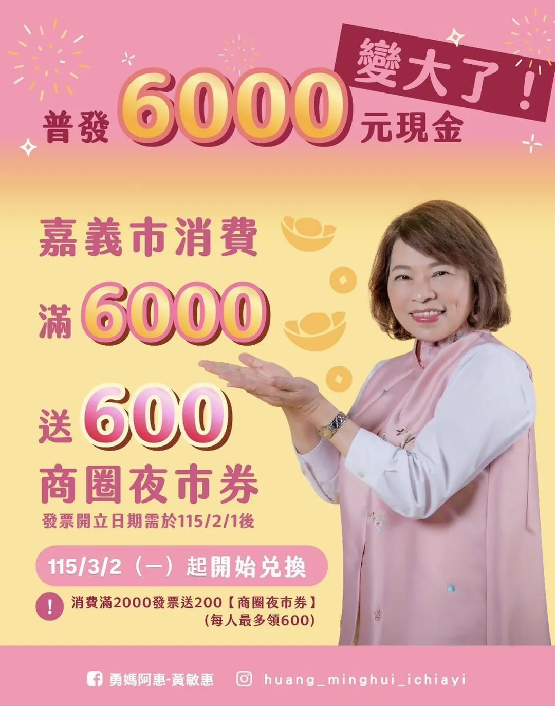 嘉義市2月1日起再送商圈夜市券,每人最高可獲600元。(圖/翻攝自Facebook@勇媽阿惠 - 黃敏惠)
