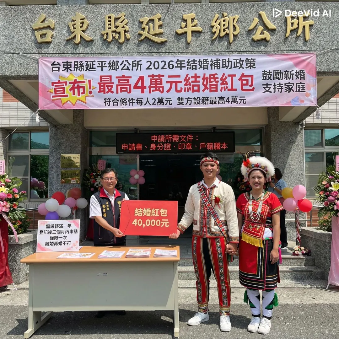 台東縣延平鄉結婚補助資格一次看。（示意圖／deevid.AI生成圖）